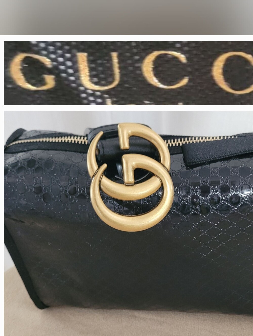 Gucci Black Patent GG Marmont Cosmetic Pouch with Gold Double G